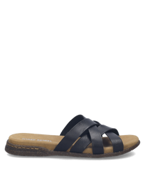Zwarte leren loafer met een open ontwerp en geen sluiting. De schoen heeft een comfortabele bruine zool en gekruiste bandjes voor een stijlvolle uitstraling.
