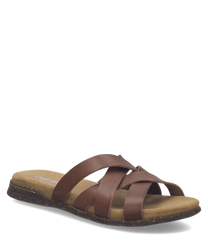 Mocassino in pelle marrone senza chiusura con intreccio sul dorso. Suola piatta in legno con cuciture a vista per un look classico e confortevole.