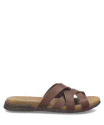 Mocassino in pelle marrone senza chiusura con intreccio sul dorso. Suola piatta in legno con cuciture a vista per un look classico e confortevole.