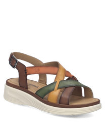 Sandalo multicolore in pelle con chiusura in velcro. Il design presenta fasce incrociate in tonalità di marrone verde e beige su una suola bianca.