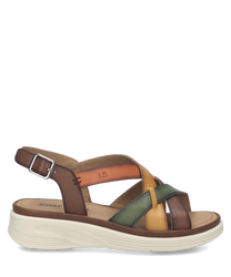 Sandalo multicolore in pelle con chiusura in velcro. Il design presenta fasce incrociate in tonalità di marrone verde e beige su una suola bianca.