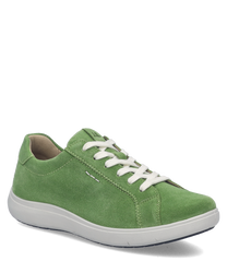 Sneaker verde in pelle scamosciata con allacciatura bianca. Suola in gomma bianca per un look casual e confortevole.
