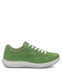 Sneaker verde in pelle scamosciata con allacciatura bianca. Suola in gomma bianca per un look casual e confortevole.
