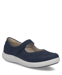 The shoe is a low-cut style made from dark blue suede material. It features a Velcro strap closure for easy fastening and a comfortable fit.