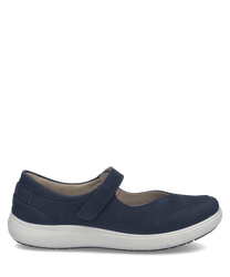The shoe is a low-cut style made from dark blue suede material. It features a Velcro strap closure for easy fastening and a comfortable fit.
