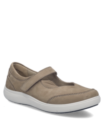 The shoe is a low-cut style made from beige suede material with a Velcro strap. It features a white rubber sole for comfort and durability making it ideal for casual wear.