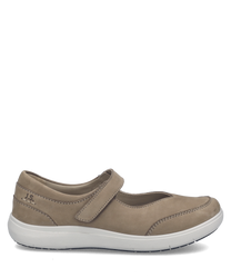 The shoe is a low-cut style made from beige suede material with a Velcro strap. It features a white rubber sole for comfort and durability making it ideal for casual wear.