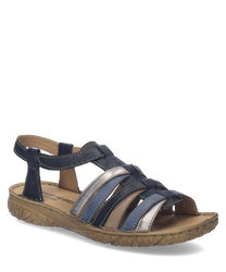 These sandals feature a Velcro closure with a mix of blue and white leather straps. The sole is brown with a textured pattern for grip and comfort making them ideal for casual wear.