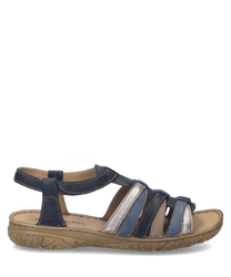 These sandals feature a Velcro closure with a mix of blue and white leather straps. The sole is brown with a textured pattern for grip and comfort making them ideal for casual wear.