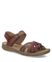 Brown leather sandals with Velcro closure featuring decorative stitching and cut-out patterns. The sole is textured for grip providing comfort and style for everyday wear.