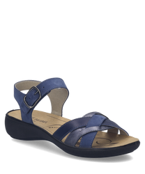 Blue leather sandals with Velcro closure. Features a comfortable cushioned sole and adjustable straps for a personalized fit.