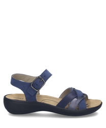 Blue leather sandals with Velcro closure. Features a comfortable cushioned sole and adjustable straps for a personalized fit.