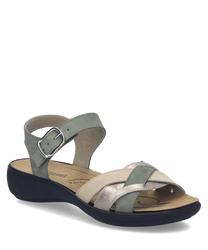 Elegante Sandale aus Leder in Grün Beige und Silber. Sie besitzt einen praktischen Klettverschluss und eine komfortable schwarze Sohle.