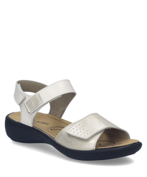 These sandals feature a sleek design with a Velcro closure for easy wearing. Made from high-quality materials the sandals are white with metallic accents and offer comfort with a durable black sole.