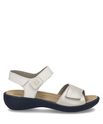 These sandals feature a sleek design with a Velcro closure for easy wearing. Made from high-quality materials the sandals are white with metallic accents and offer comfort with a durable black sole.