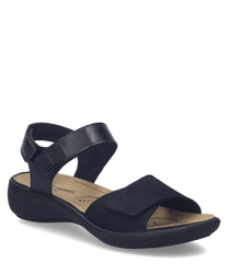 Black sandals with velcro closure made of leather. Features a cushioned footbed for comfort and a durable sole for support.