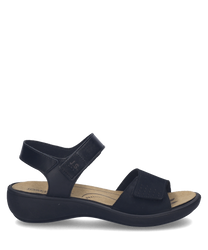 Black sandals with velcro closure made of leather. Features a cushioned footbed for comfort and a durable sole for support.