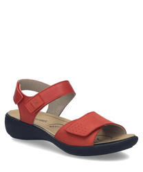 Sandalo rosso con chiusura in velcro realizzato in pelle. Soletta imbottita per un comfort ottimale.
