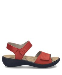 Sandalo rosso con chiusura in velcro realizzato in pelle. Soletta imbottita per un comfort ottimale.