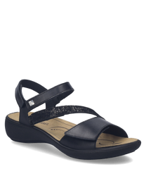Black sandals with velcro closure feature a sleek leather finish. The comfortable sole and minimalist design make them ideal for casual wear.