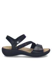 Black sandals with velcro closure feature a sleek leather finish. The comfortable sole and minimalist design make them ideal for casual wear.