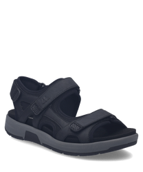 Sandales en cuir noir avec fermeture Velcro. Semelle robuste et design ergonomique pour un confort optimal.