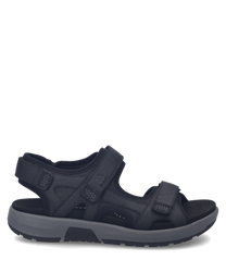 Sandales en cuir noir avec fermeture Velcro. Semelle robuste et design ergonomique pour un confort optimal.