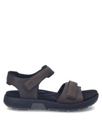 Sandalo marrone in pelle con chiusura in velcro. Suola nera robusta per un comfort ottimale.