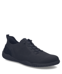 The sneaker is black with a mesh upper for breathability and features a lace-up closure. It has a sleek design with a cushioned sole for added comfort ideal for casual wear.