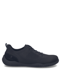 The sneaker is black with a mesh upper for breathability and features a lace-up closure. It has a sleek design with a cushioned sole for added comfort ideal for casual wear.