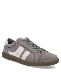 A stylish gray suede sneaker with white leather accents and perforated details. It features a lace-up closure and a brown rubber sole for a modern casual look.