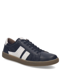 Black leather sneaker with white accents and lace-up closure. Features a dark sole and perforated details on the side for a stylish look.