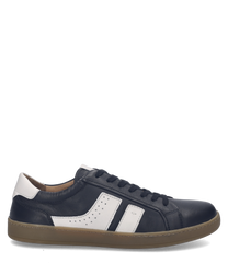 Black leather sneaker with white accents and lace-up closure. Features a dark sole and perforated details on the side for a stylish look.