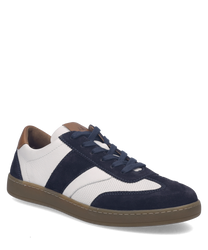 A stylish sneaker with a combination of blue suede and white leather panels. It features a brown leather heel accent and a sturdy brown sole with lacing closure.