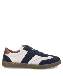 A stylish sneaker with a combination of blue suede and white leather panels. It features a brown leather heel accent and a sturdy brown sole with lacing closure.
