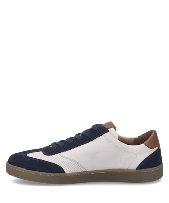 Sneaker in pelle e tessuto con allacciatura. Colore bianco e blu con dettagli marroni e suola in gomma marrone.