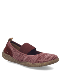 The Ballerina shoe features a maroon knit fabric with a comfortable elastic band closure. Its flexible brown rubber sole adds durability and grip making it ideal for casual wear.