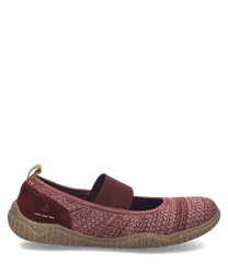 The Ballerina shoe features a maroon knit fabric with a comfortable elastic band closure. Its flexible brown rubber sole adds durability and grip making it ideal for casual wear.