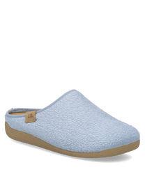 Light blue slippers made of textured fabric with a tan rubber sole. Features an open back and a small logo tag on the side.