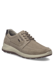 Beige suede sneaker with lacing and dark accents. Features a comfortable cushioned sole and minimalist design for casual wear.