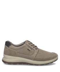 Beige suede sneaker with lacing and dark accents. Features a comfortable cushioned sole and minimalist design for casual wear.