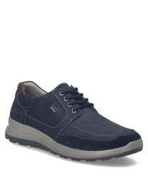 A navy blue suede sneaker with lace-up closure. It features a brown heel accent and grey sole offering a casual and stylish look.