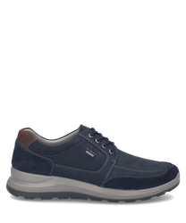 A navy blue suede sneaker with lace-up closure. It features a brown heel accent and grey sole offering a casual and stylish look.