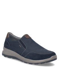 Navy blue loafer with elastic band closure. Made from suede material with brown accents and grey sole offering a casual look.