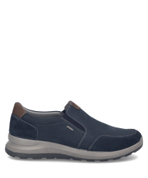 Navy blue loafer with elastic band closure. Made from suede material with brown accents and grey sole offering a casual look.