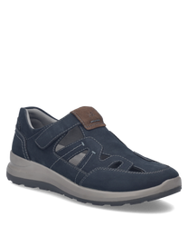 The product is a low-cut shoe with a Velcro closure in a sleek navy blue color. It features a sturdy sole and visible stitching for added style and durability.