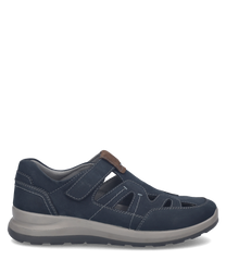 The product is a low-cut shoe with a Velcro closure in a sleek navy blue color. It features a sturdy sole and visible stitching for added style and durability.