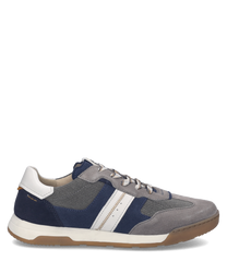 Sneaker in pelle scamosciata grigia e blu con allacciatura. Dettagli bianchi laterali e suola in gomma beige completano il design moderno.