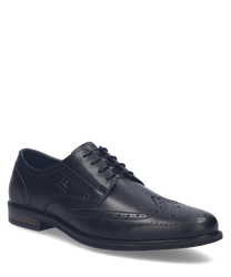 Zapato bajo de cuero negro con cordones. Diseño elegante con detalles de perforaciones decorativas.