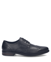 Zapato bajo de cuero negro con cordones. Diseño elegante con detalles de perforaciones decorativas.